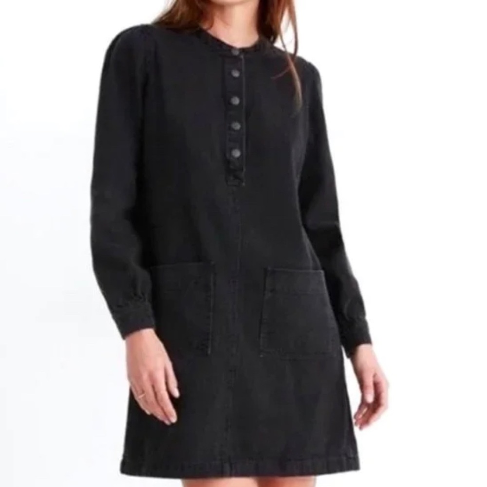Denim Patch-Pocket Popover Shirtdress in Shrader Wash size XL